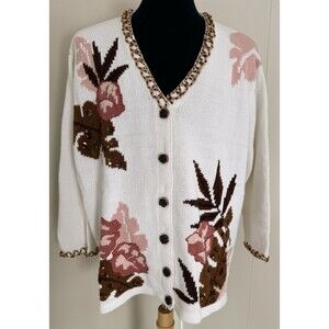 Storybook Knits Hidden Leopard Cardigan Sweater 3X White Floral Sequins Beaded